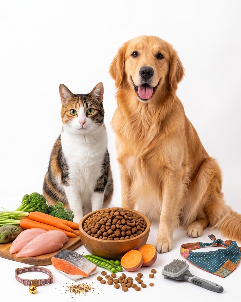 Cat and Dog sitting with pet food
